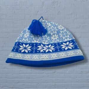 LL Bean Womens 100% Wool Lined Beanie Hat Nordic Fair Isle Tassel Pom Blue White